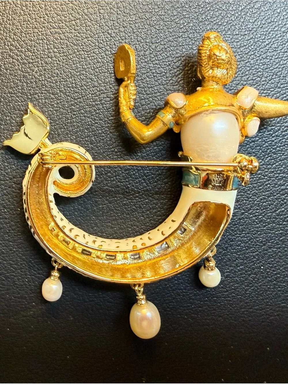 Gold-Tone Pearl & White Enamel Mermaid Brooch with Blue Accents